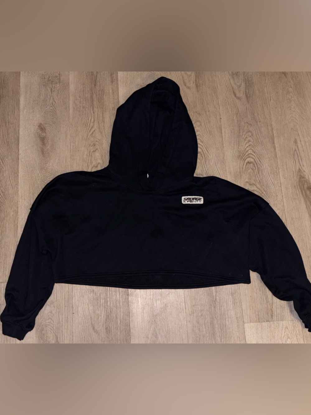 Savage X Fenty Black Hoodie with Purple Tag and Rose Gold Logo